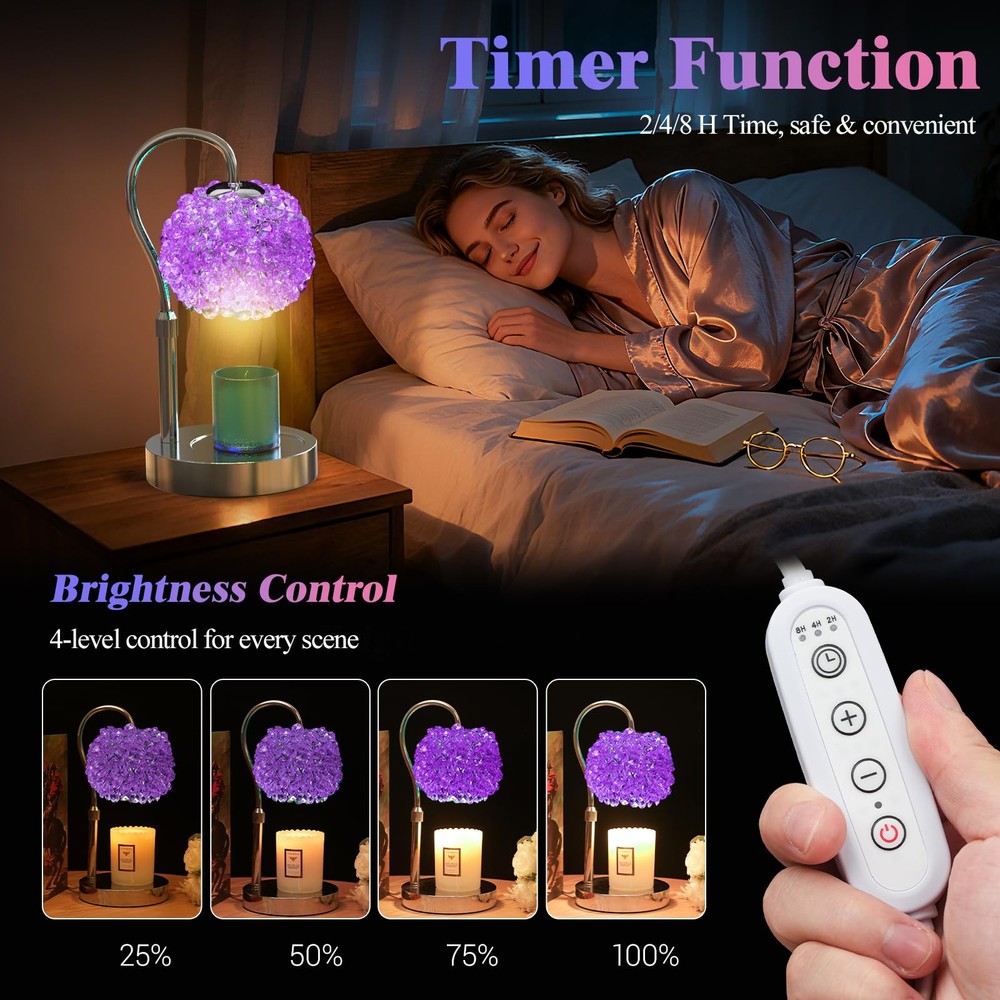 Luxury Candle Warmer Lamp with Timer & Dimmable Brightness, Crystal Gemstone ...