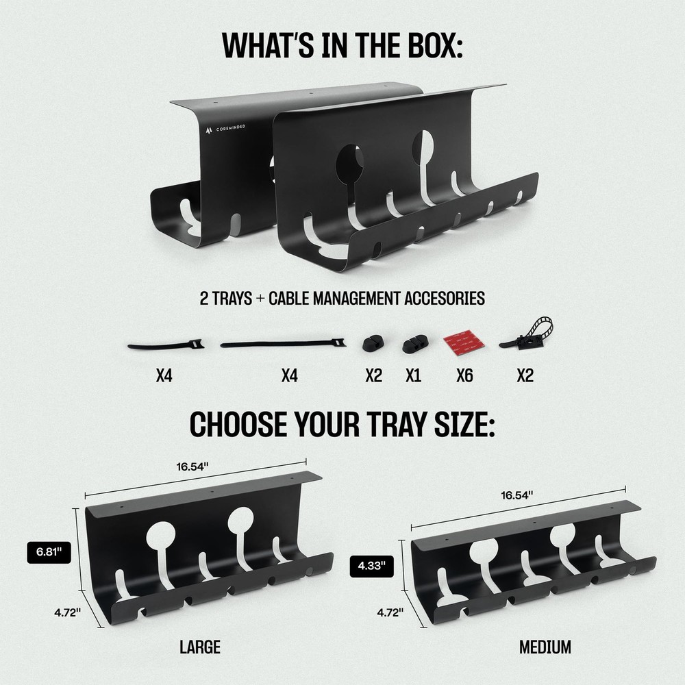 No-Drill Under Desk Cable Management Tray - 2-Pack Wire & Medium, Matte Black