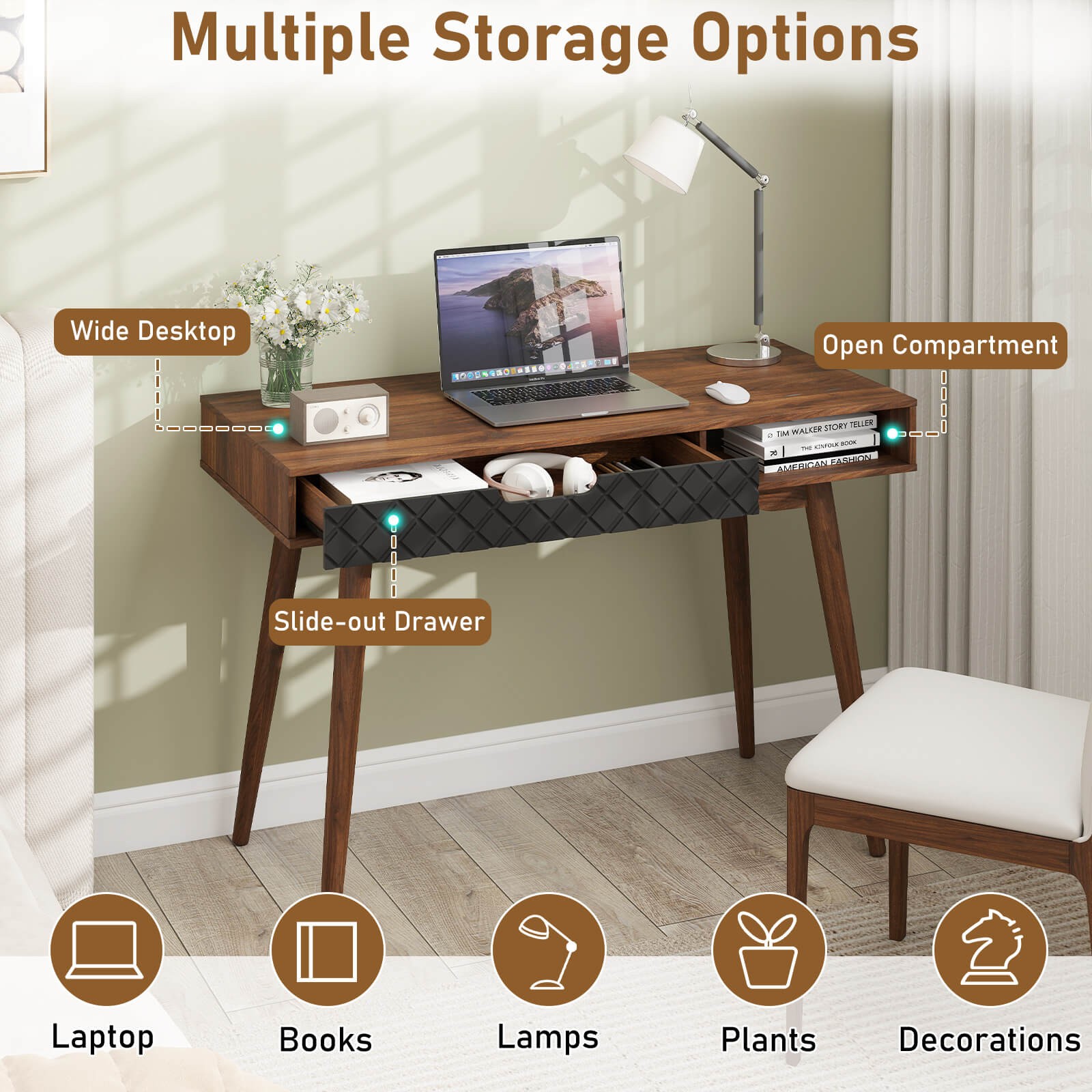 Mid-Century Modern Computer Desk w/ Drawer & Open Compartment,Rubber Wood Legs