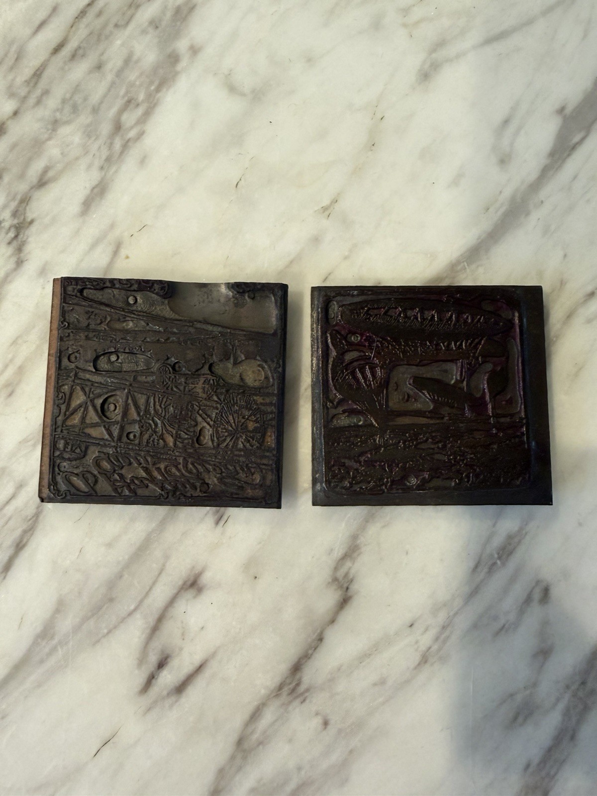 Pair Antique Letterpress Metal Printing Plates Farm Scene Industrial Machinery