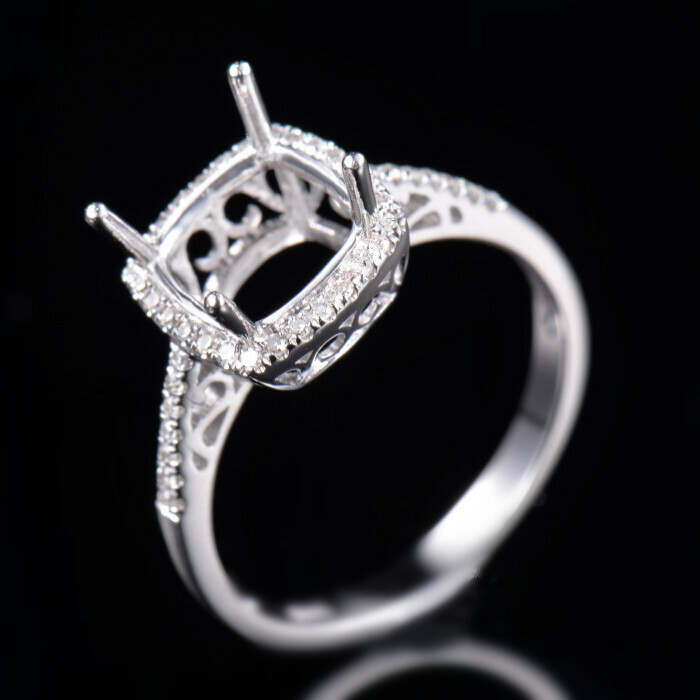 Cushion Cut 8×8mm Natural Diamond Semi Mount Ring Setting Solid 14K White Gold