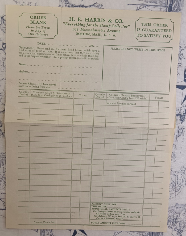 Vintage 1950s H. E. Harris & Co. Stamps Order Form Blank Unused