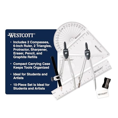 10-Piece Math Set for Students, Includes 2 Compasses, Protractor & Ruler,