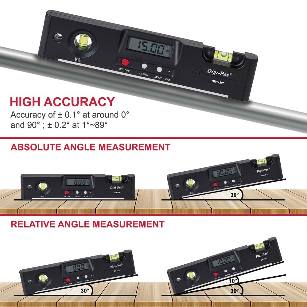 Digi-Pas DWL200 Electronic Torpedo Level, Protractor, Angle Gauge, Angle Find...