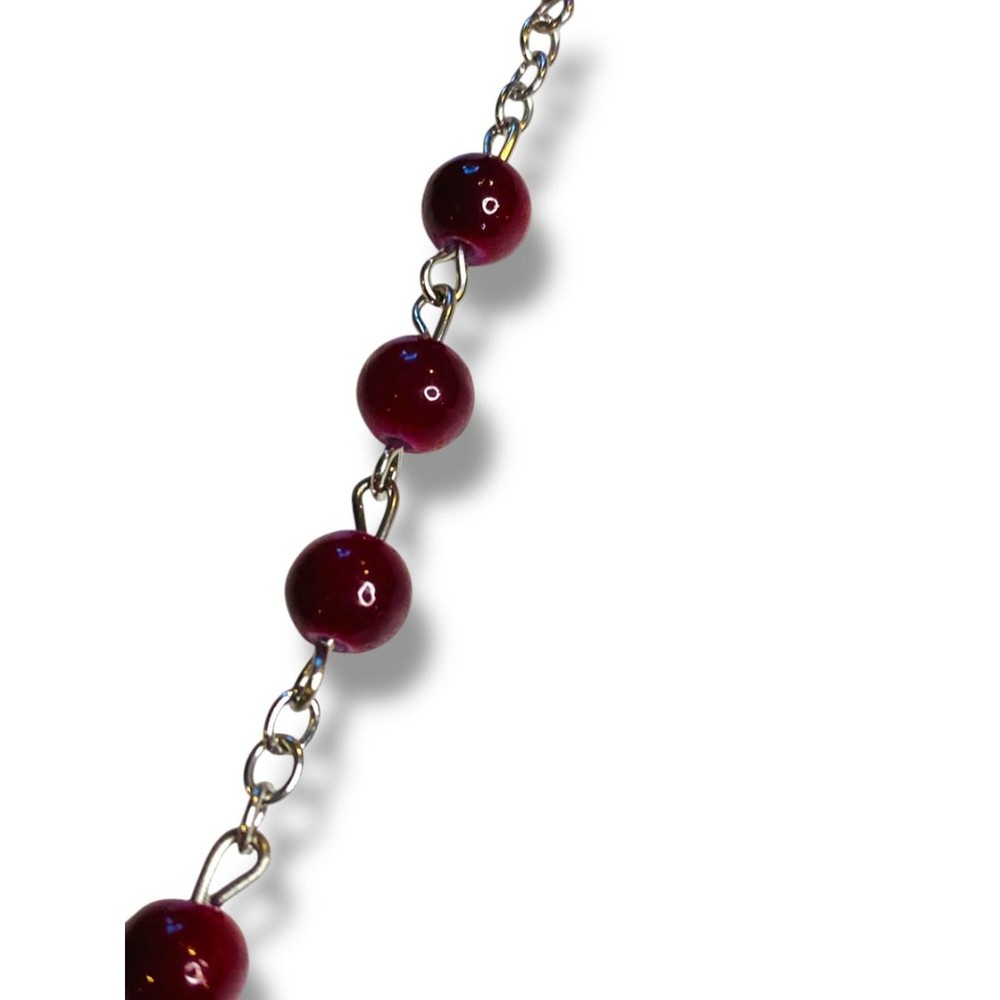 Red Silvertone Rosary Beads Necklace Catholic Religious Devotion