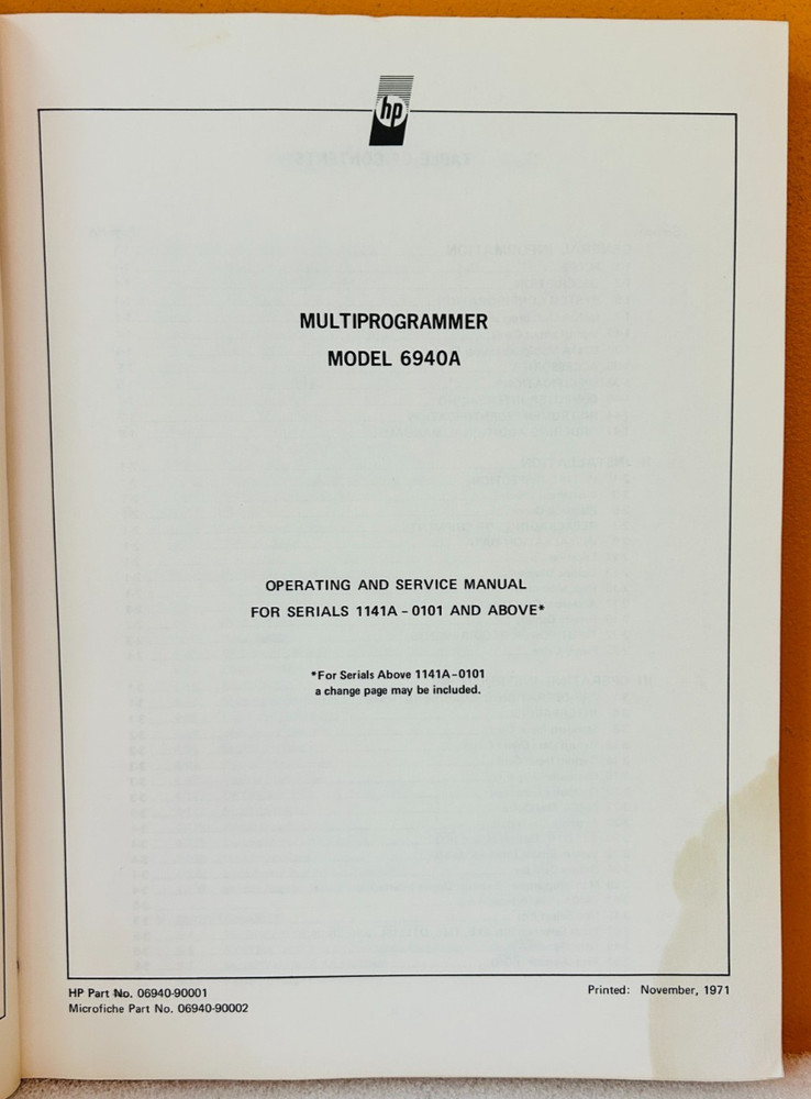 HP 06940-90002 1971 Multiprogrammer Model 6940A Operating & Service Manual.
