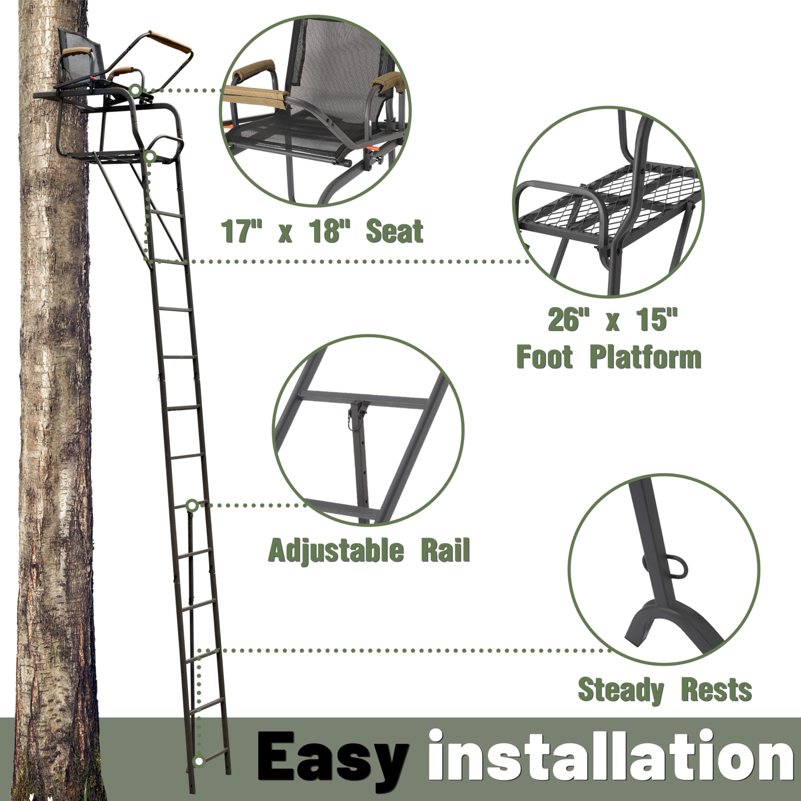 15.5' Steel Climbing Ladder Tree Stand Outdoor For Hunting&Mesh Seat Equipment