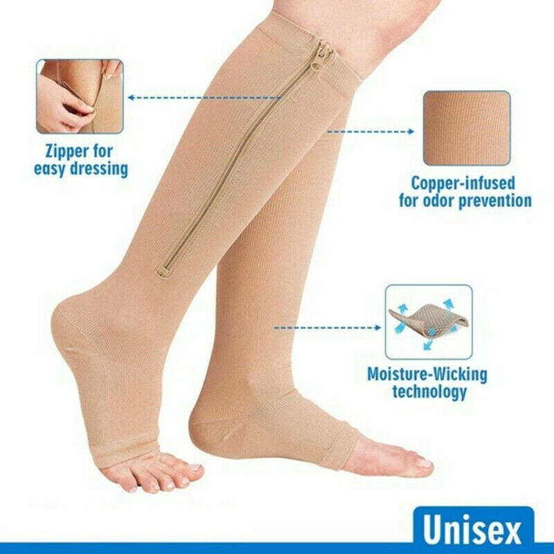 Zippered Compression Socks Open Toe Knee High Circulation Easy On/Off