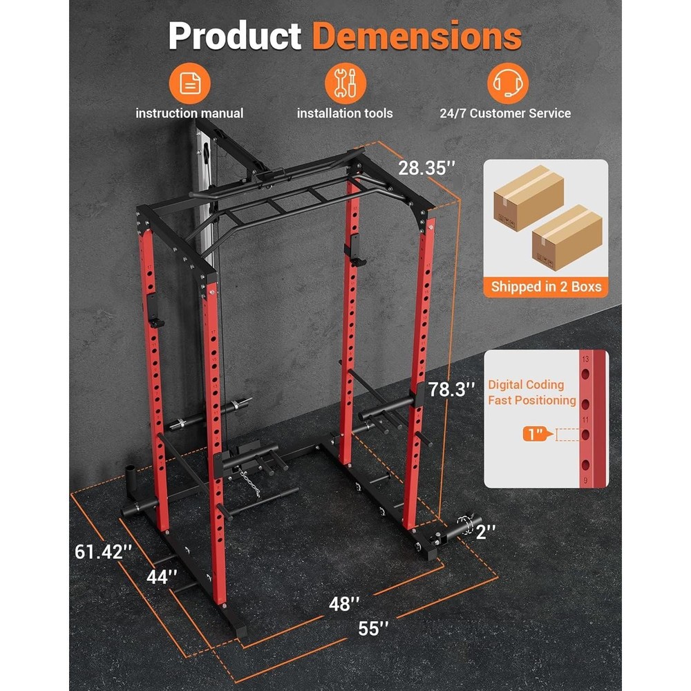 Power Cage w/ LAT Pull Down System, Multi-Functional Squat Rack w/Low Row System