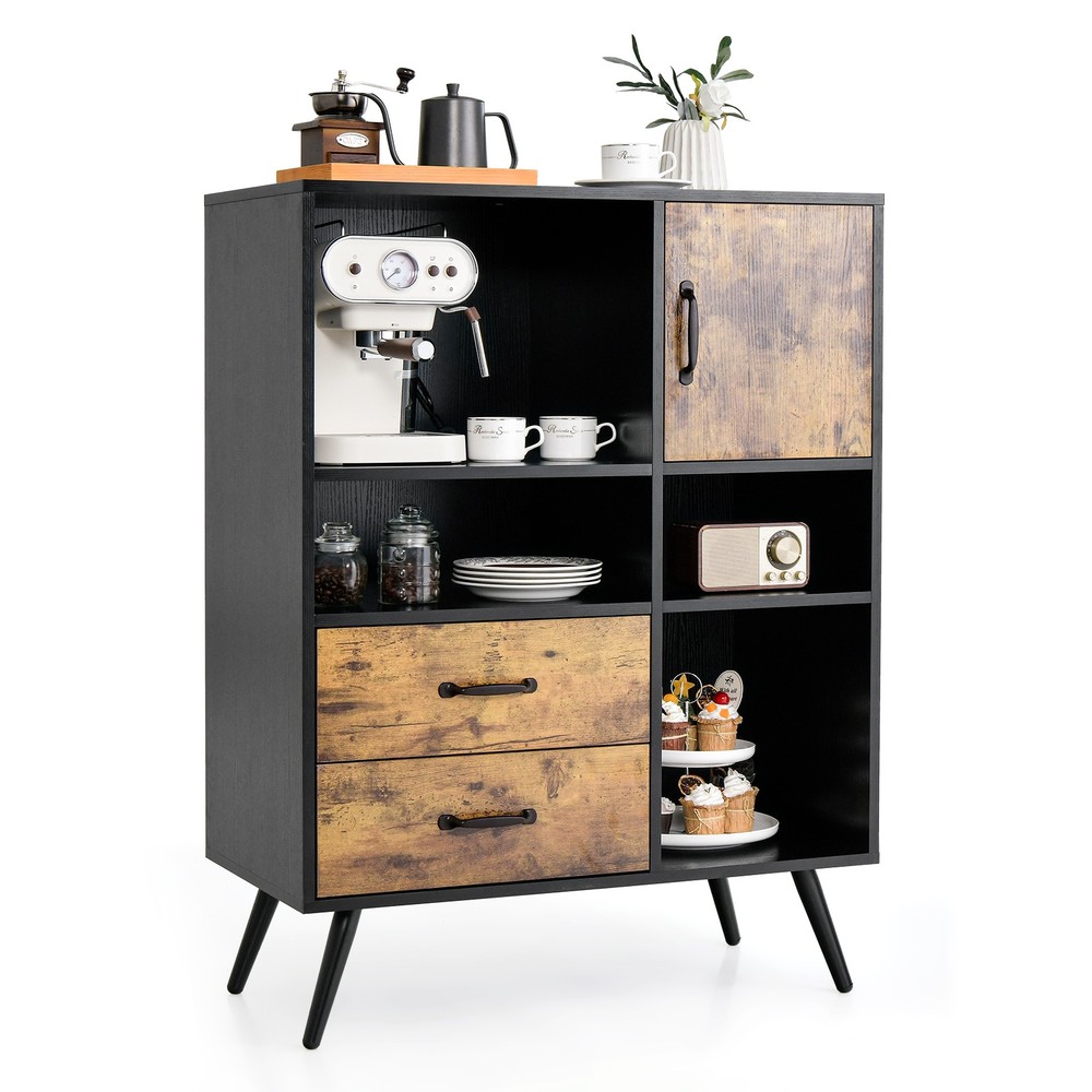 Buffet Cabinet w/ Spacious Tabletop & 2 Pull-out Drawers Rustic Brown Black