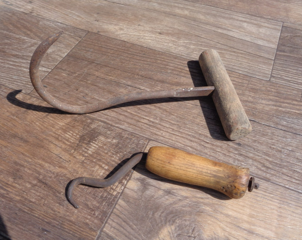 2 - Vintage Wood Handle Hay Hook Tools Rustic Primitive Display Tools