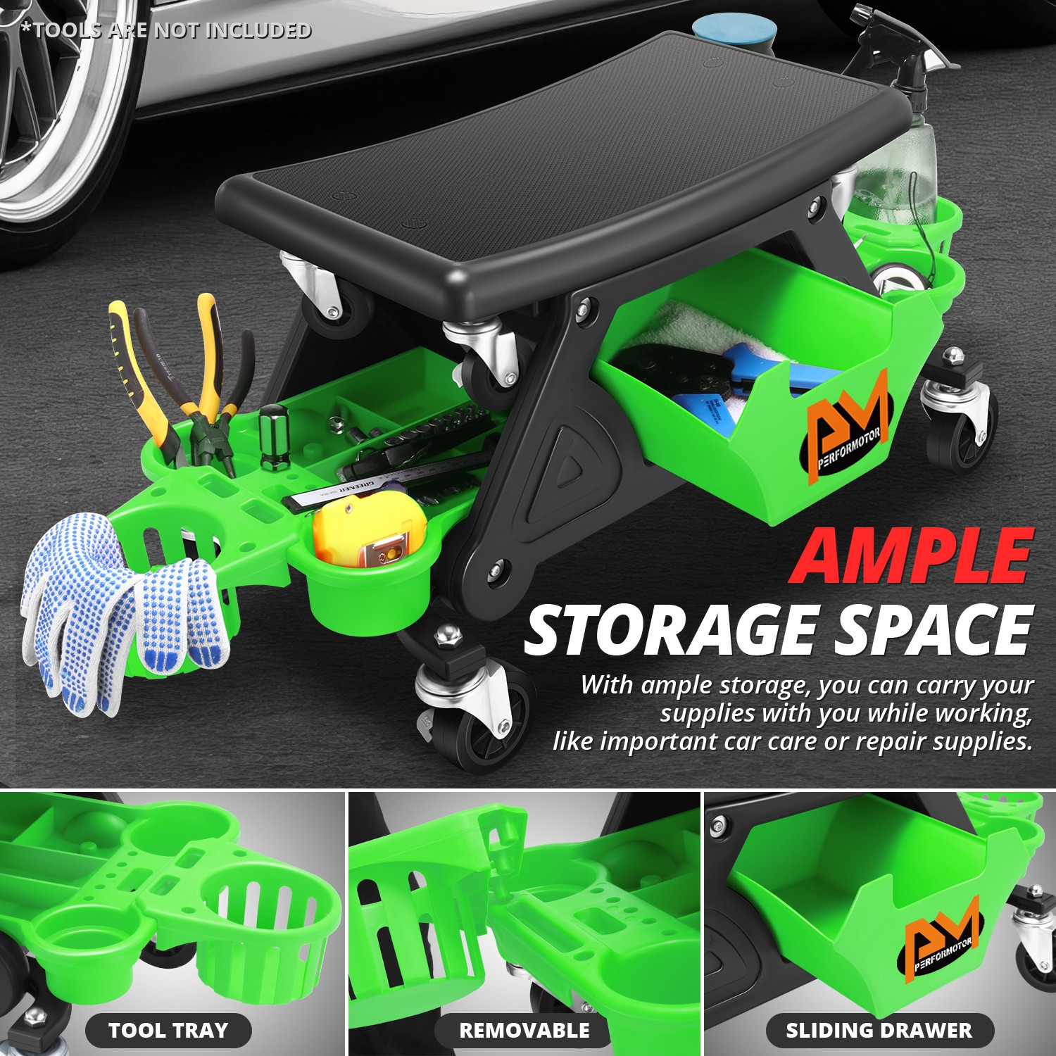 Detachable Stool Heavy Duty Mechanic Rolling Work Shop Seat w/ Tool Tray Green