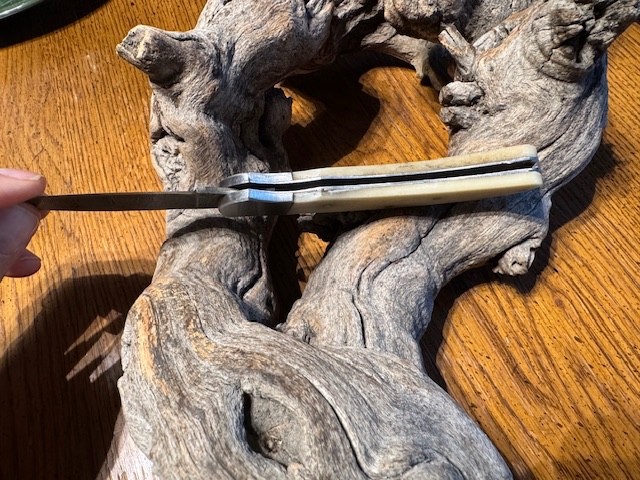 Big Damascus folding blade knife w/ white bone handle