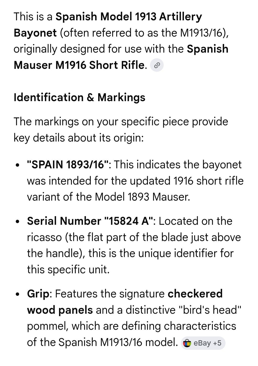 Rare Spanish 1893/16 Bayonet SN 15824A Artileria