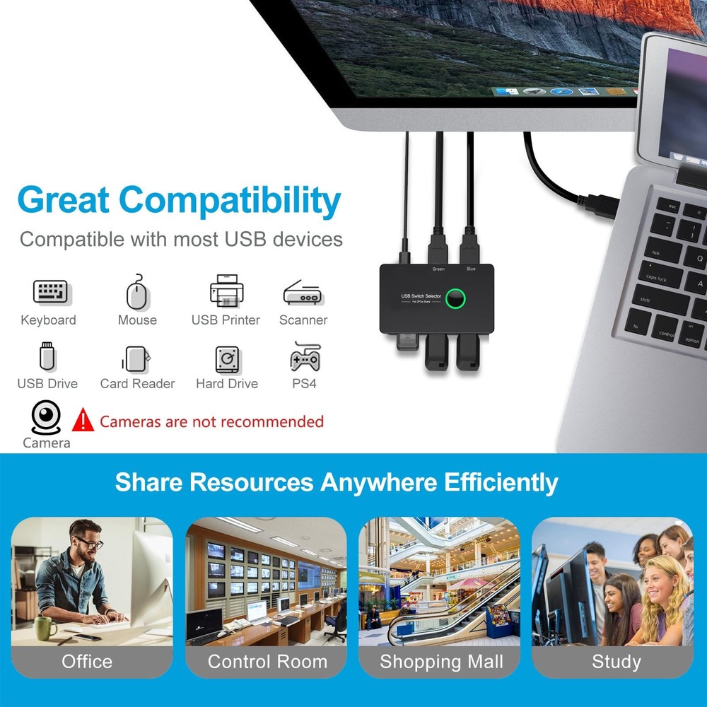 USB 3.0 Switch, USB Switcher 2 Computers Share 4 USB for PC Mouse Keyboard Pr...