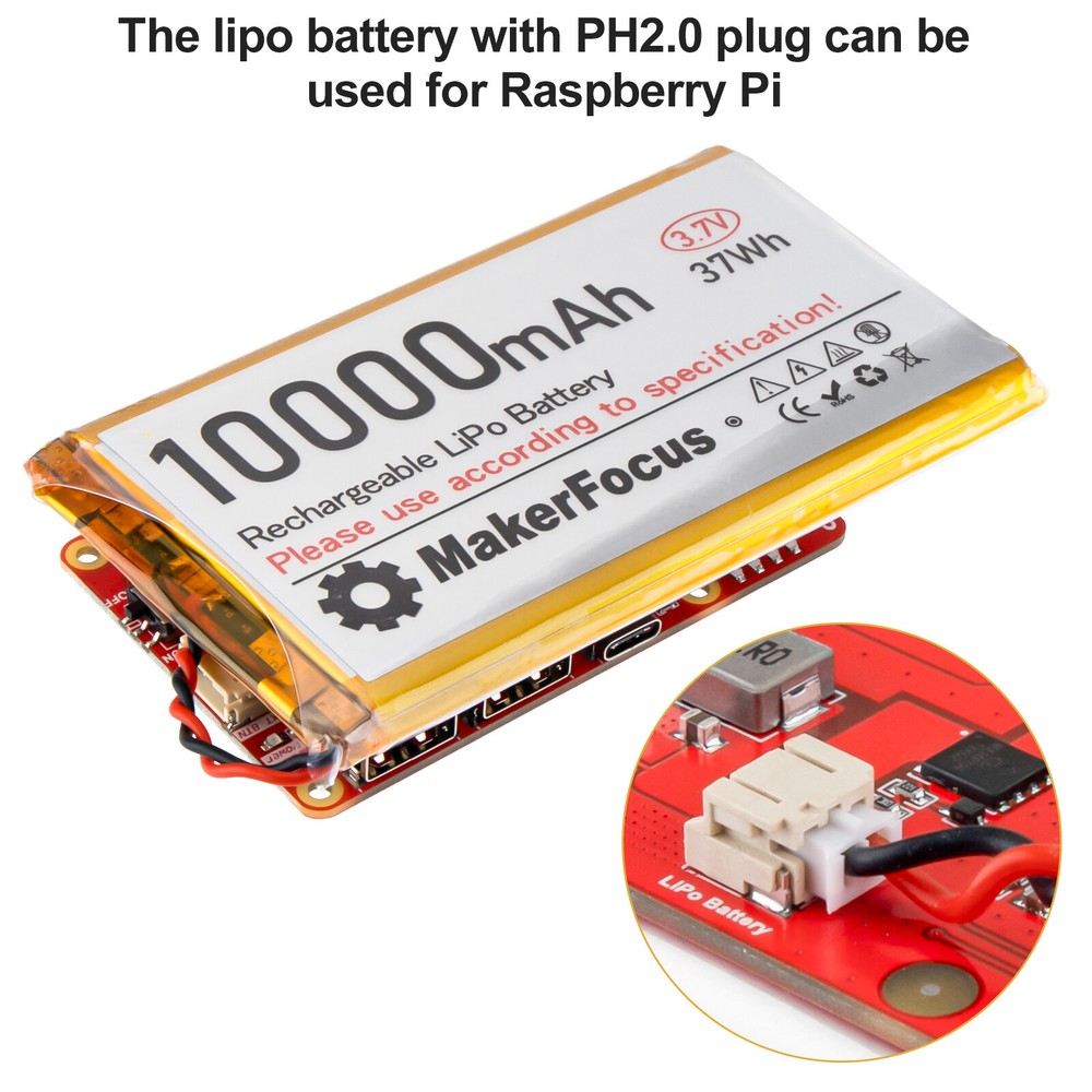 3.7V Rechargeable 10000mAh Lithium Battery w/ Micro PH2.0 Plug for Raspberry