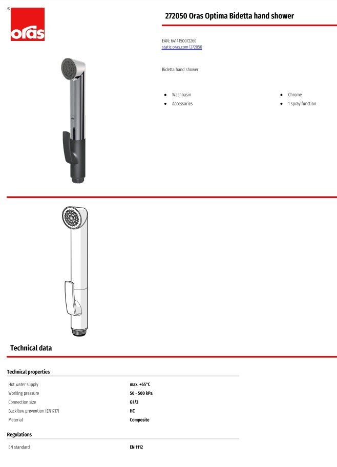 Oras Optima 272050 Chrome Bidetta hand shower with trigger + washer