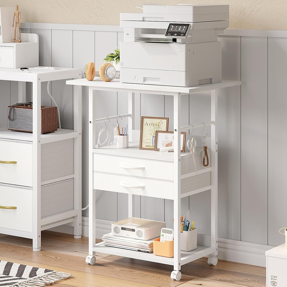 Large Printer Stand W/ Storage Fabric Drawer Under Desk Printer Table W/ Wheels