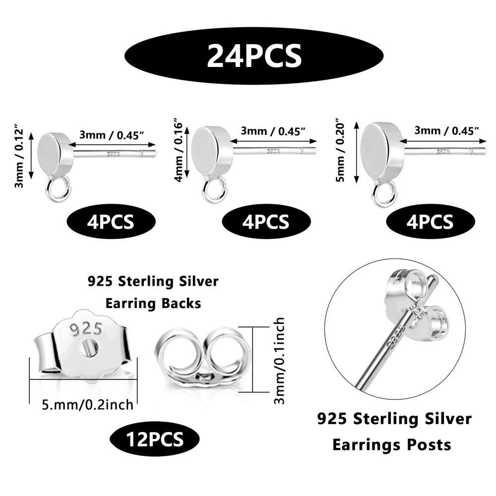 12Pcs Flat Sterling Silver Post with Earring Hook, 3/4/5mm Ear Studs with Loo...