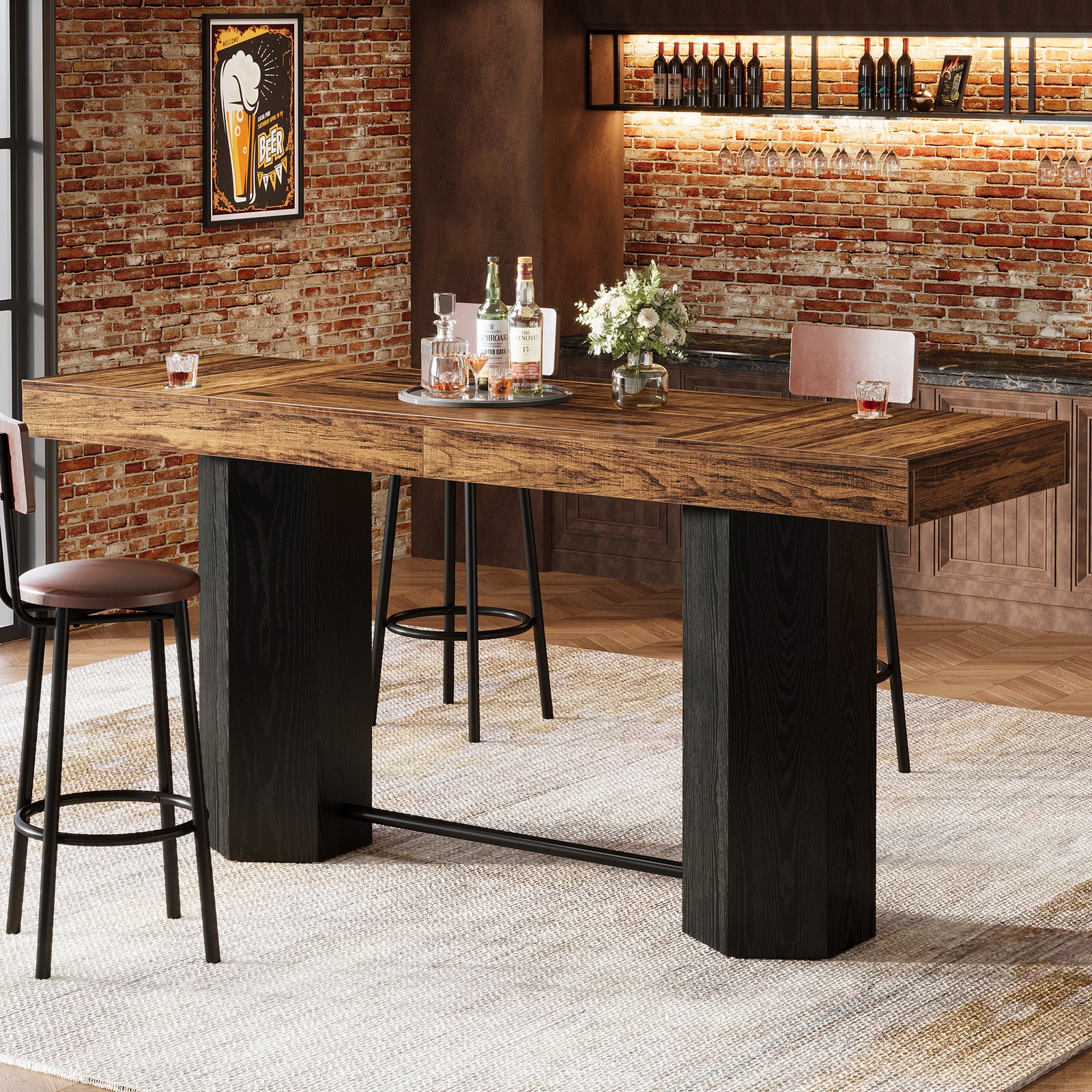 70.9" Extra Long Bar Table, Industrial Counter Height Table with Metal Footrest