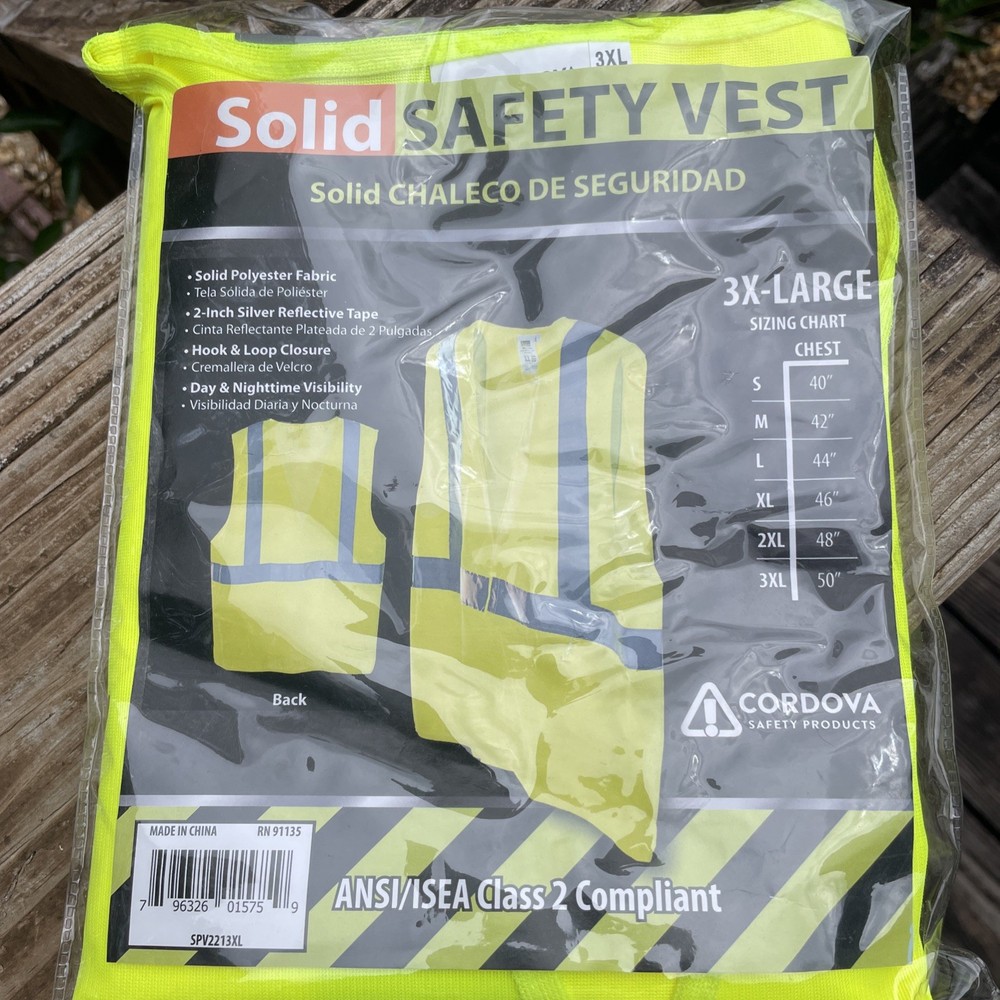3XL Solid Safety Vest High-Visibility Class 2 Solid Polyester Fabric 2” Tape