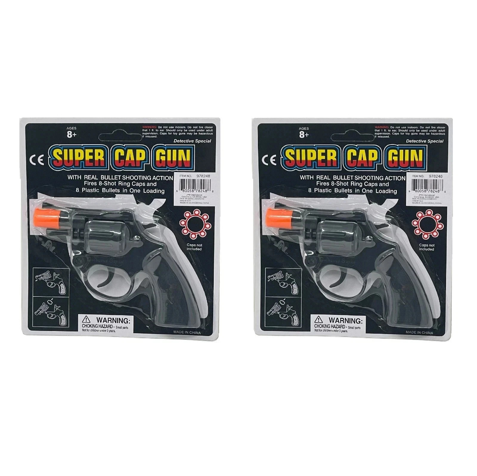 8 Ring Shot Cap Gun Black Novelty Police Pistol Revolver - Plastic - 2 Packs