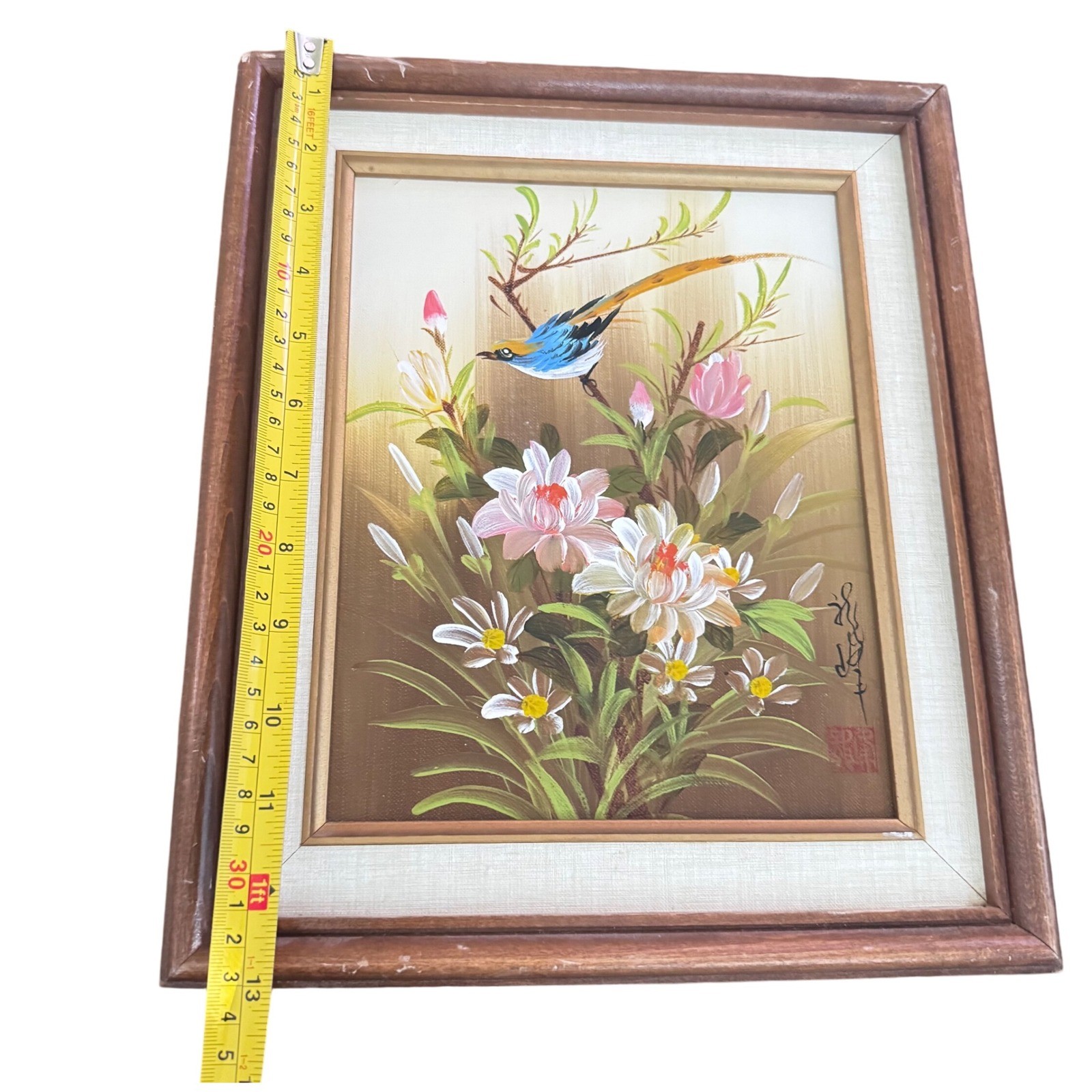 Vintage Framed Bird Floral Painting Signed Asian Art Wall Decor Nature Home '70s