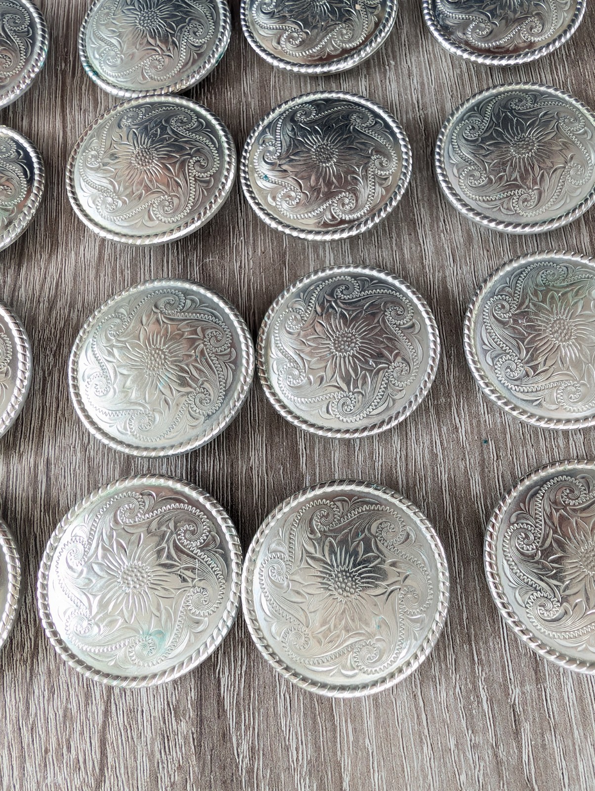 Vintage Handmade Silver Conchos Rope Edge Sunflower Engraved Set Of 16