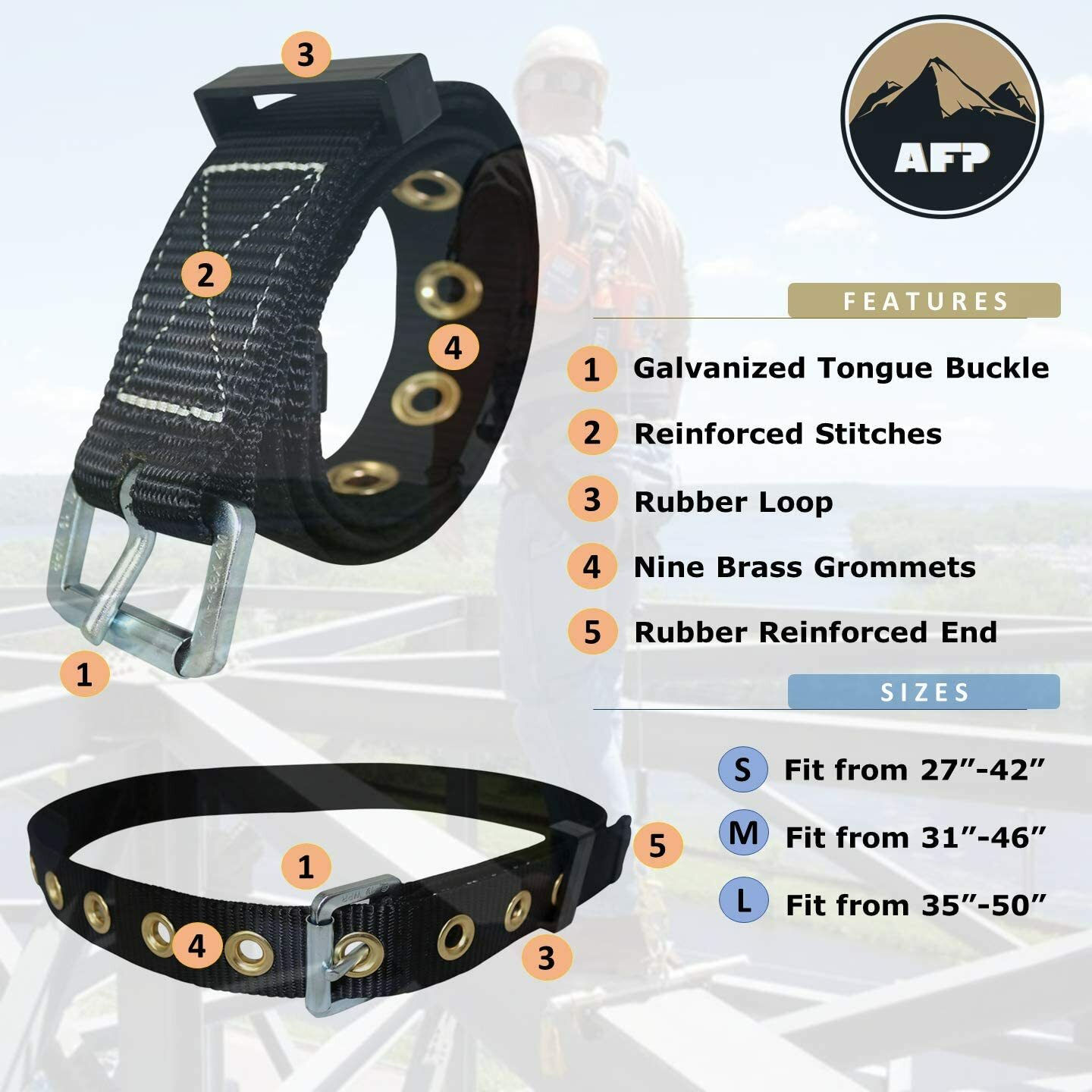 AFP Tongue Buckle Body Belt Heavy-Duty Tool Belt , Work Belt, for Safety Harness