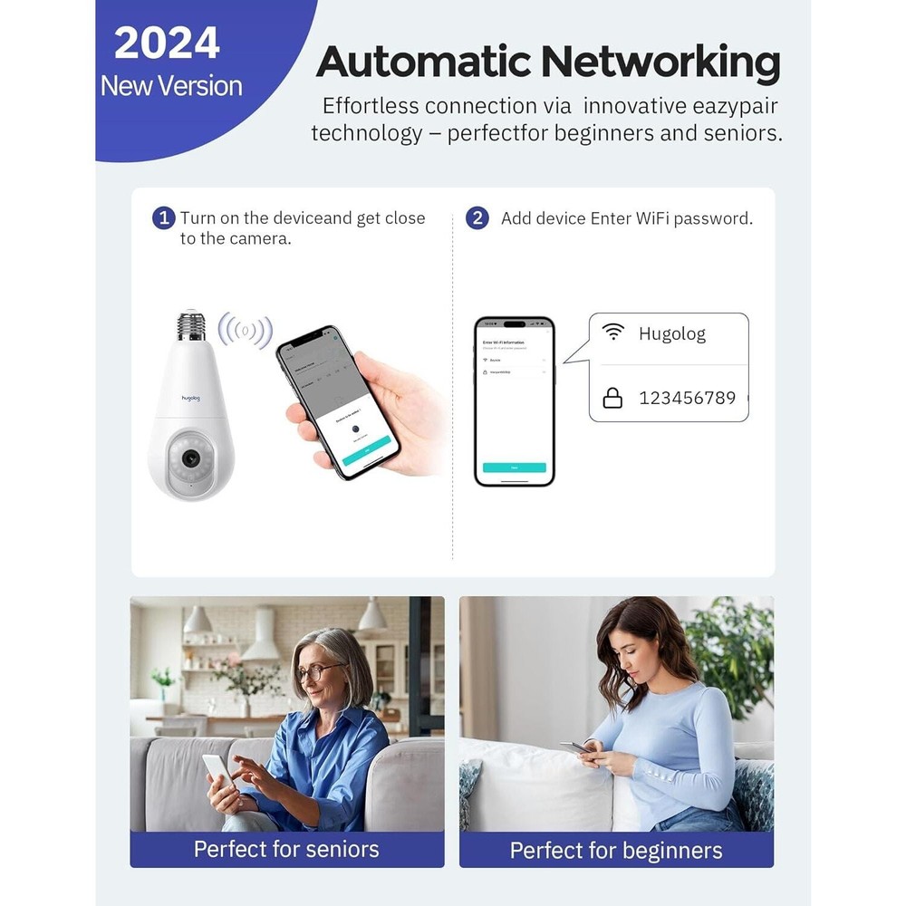 2K Wireless Light Bulb Security Cameras with Motion Detection & Night Vision