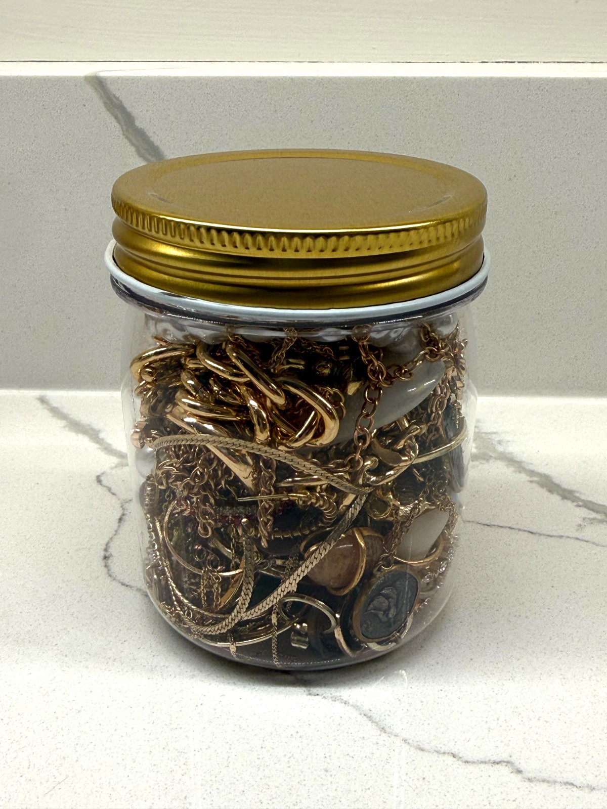 Mystery Jewelry Jar 8 oz – Gold Tone, Blue & Pearl Accents, Wearable Lot