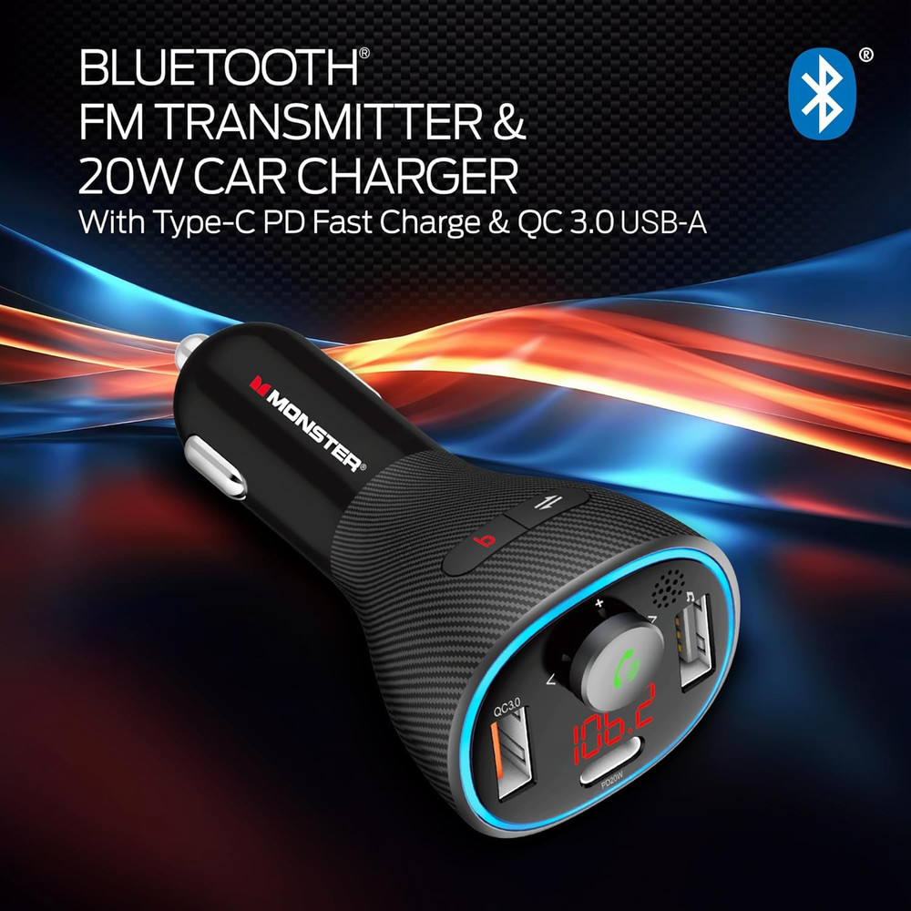 Monster Bluetooth FM Transmitter for Car Cigarette Lighter with 20W QC3.0 USB A