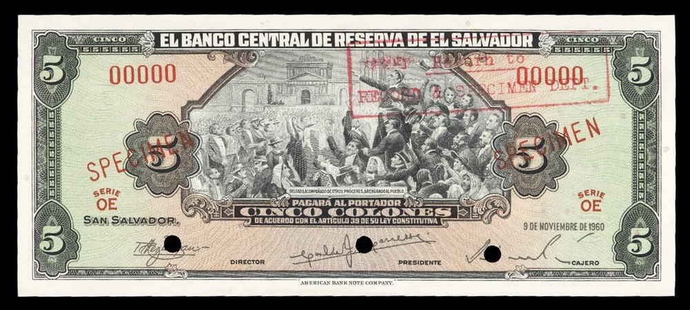 El Salvador P95vs2, Specimen Banknote.