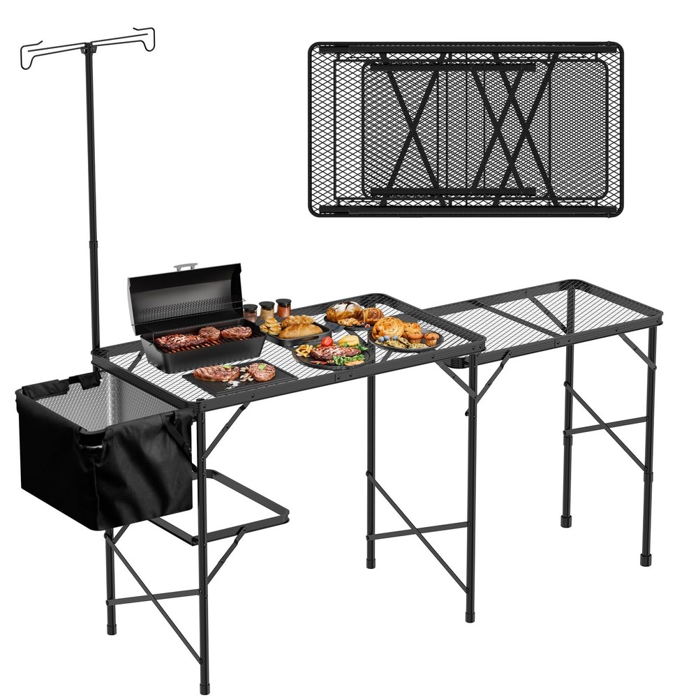 Folding Table with Sink and Double Shelf, Camping Table Height Adjustable Fol...