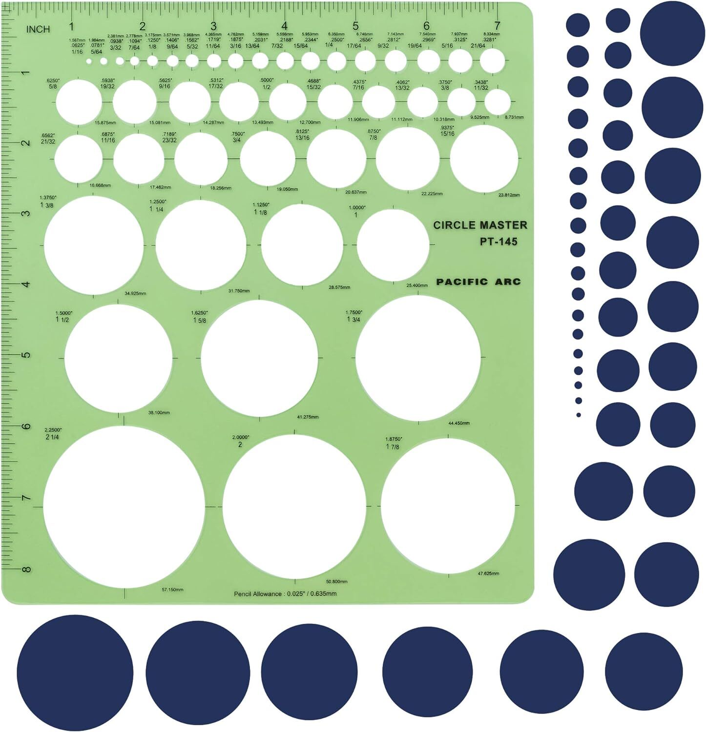 Pacific Arc Professional Circle Guide Template, 45 Circles from 1/16" to 2.25"