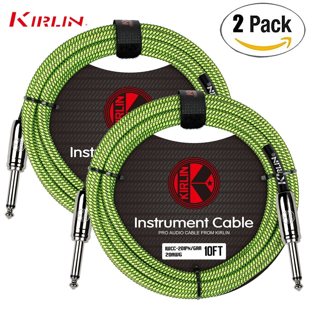 2-PACK Kirlin 10FT 1/4" Straight Woven Green Guitar/Bass Cables with Cable Tie