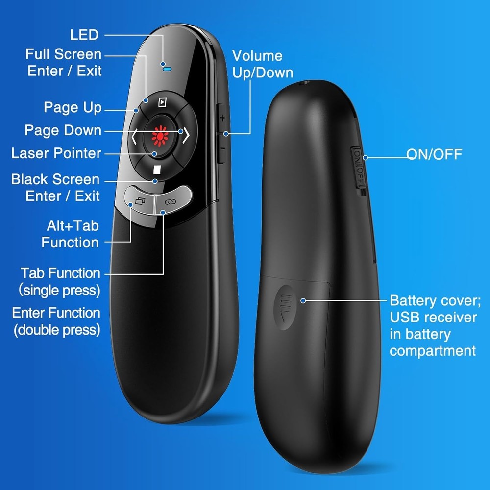 Compact Presentation Clicker with 164FT Wireless Range, USB-A & USB-C Compatible