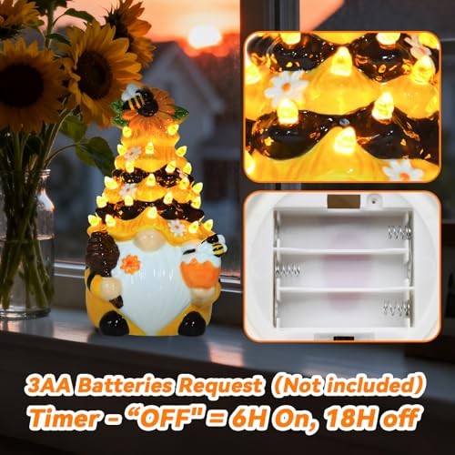 Timer - Spring Bumble Bee Gnomes Decorations Lighted Up Ceramic Gnome Yellow