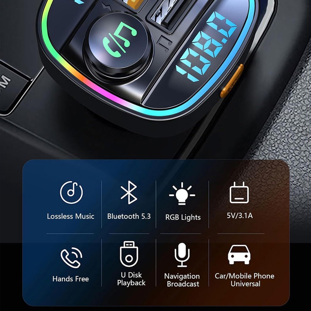 Bluetooth 5.0 Car FM Transmitter with USB PD Charger Wireless Audio Adapter AUX