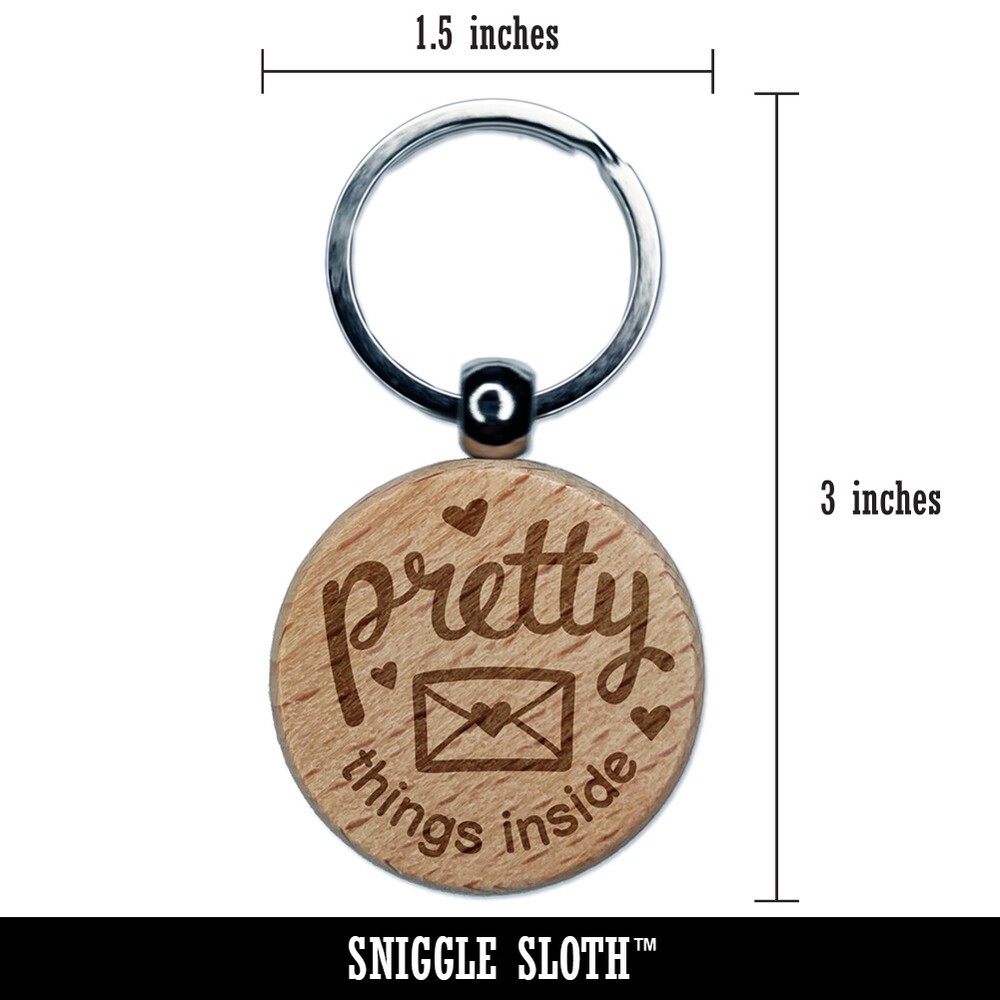 Pretty Things Inside Mail Envelope with Heart Engraved Wood Round Keychain