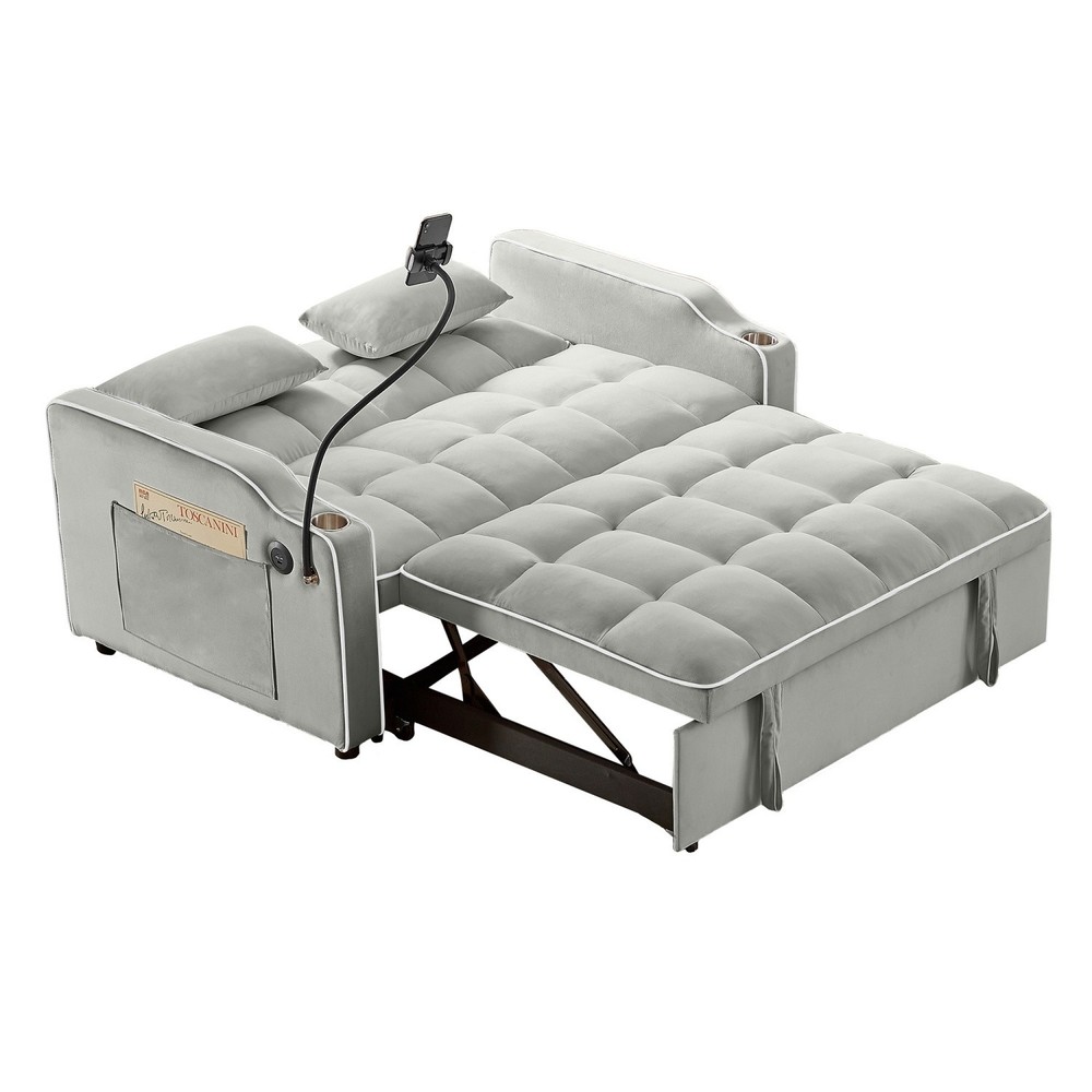 Convertible Velvet Sleeper Sofa Bed Loveseat Sofa w/ Pull-Out Bed & USB Ports