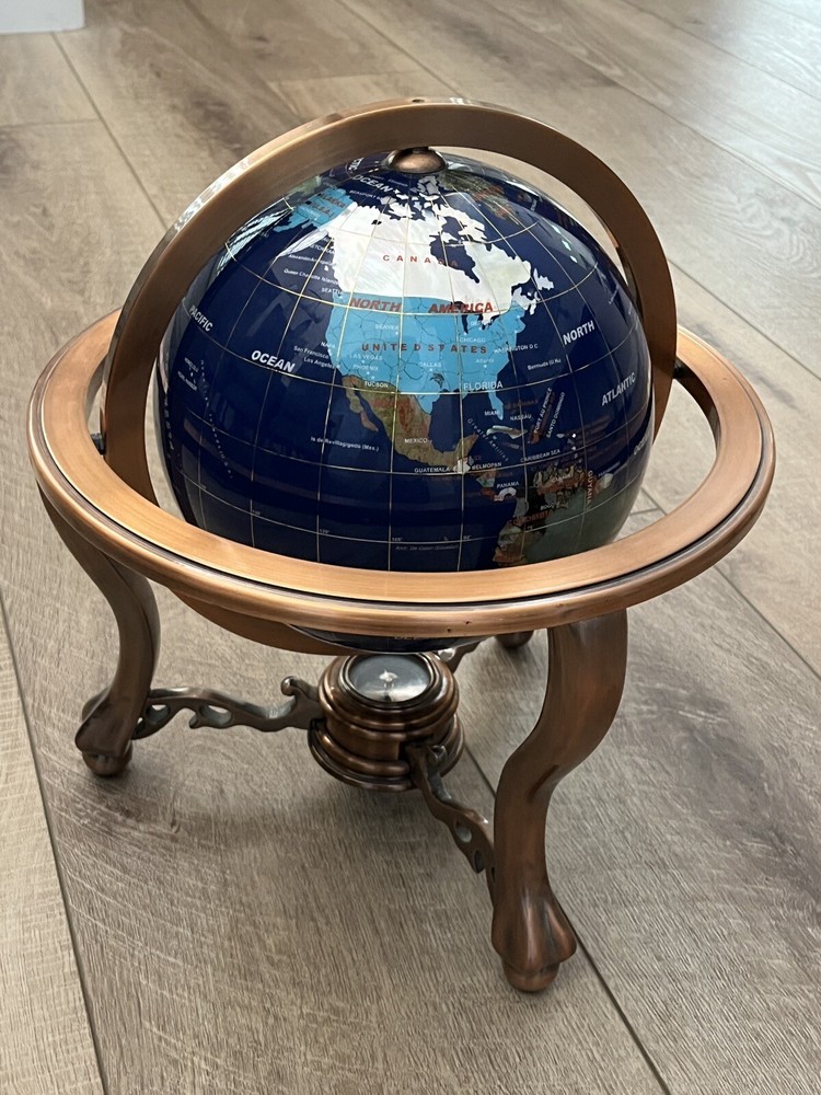 Blue Lapis Rotating Globe Precious Inlaid Stone Solid Brass w/ Compass