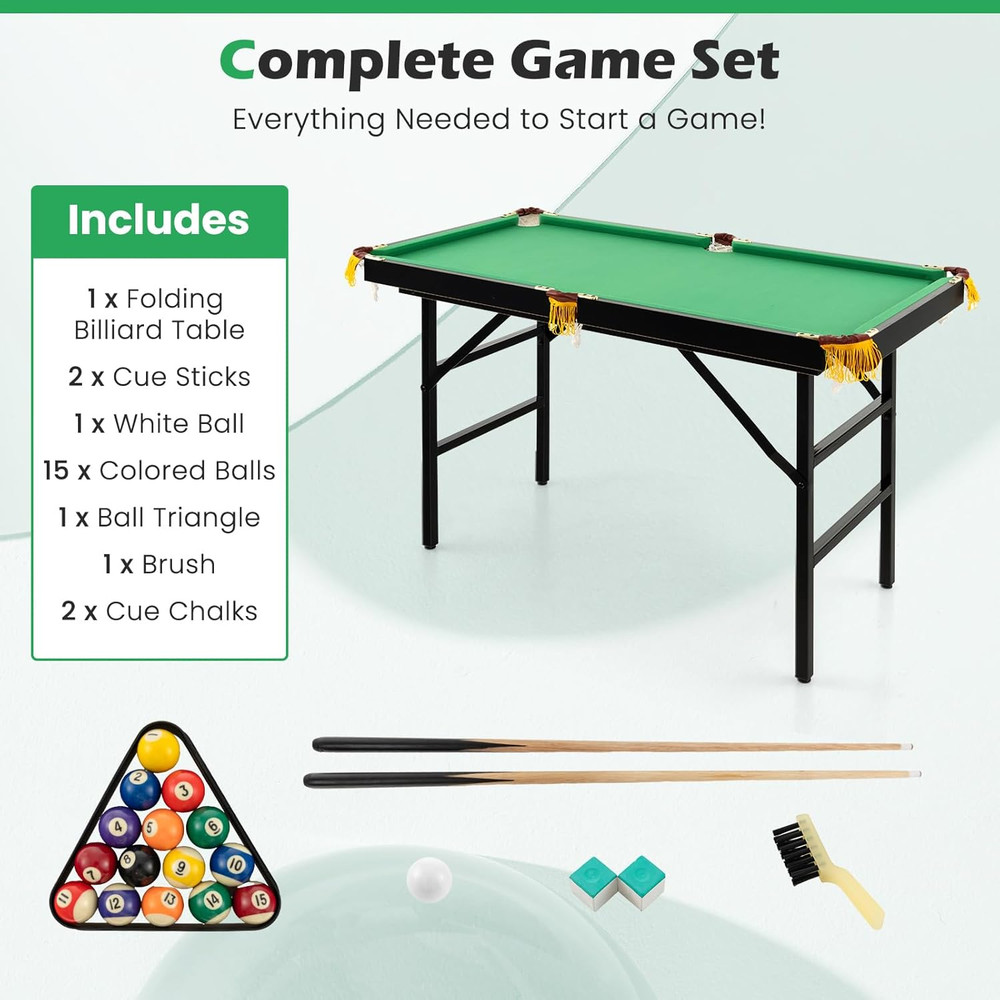 GYMAX Pool Table, 48’’ Foldable Billiard Tables with Balls, 2 Cue Sticks, Chalks