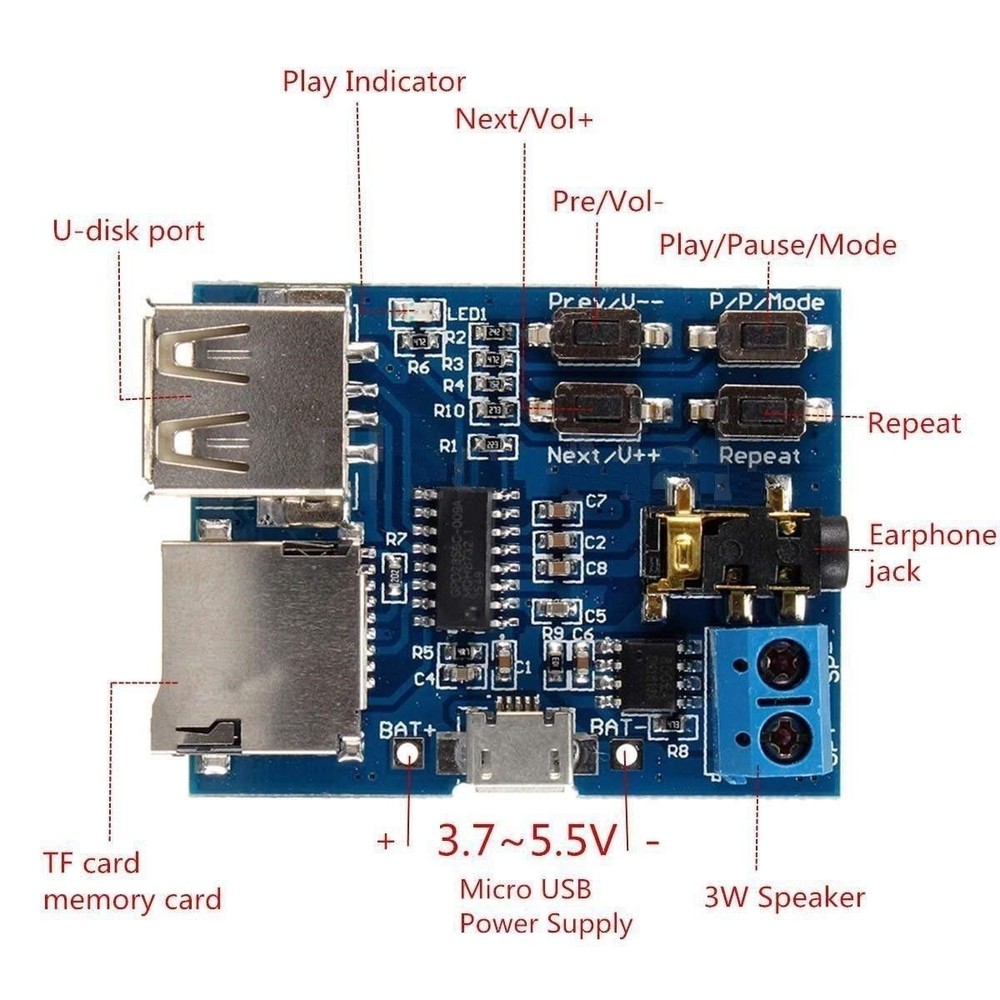 Micro USB Powered MP3 Decoder Module – Supports USB & TF Card with LED Feedback