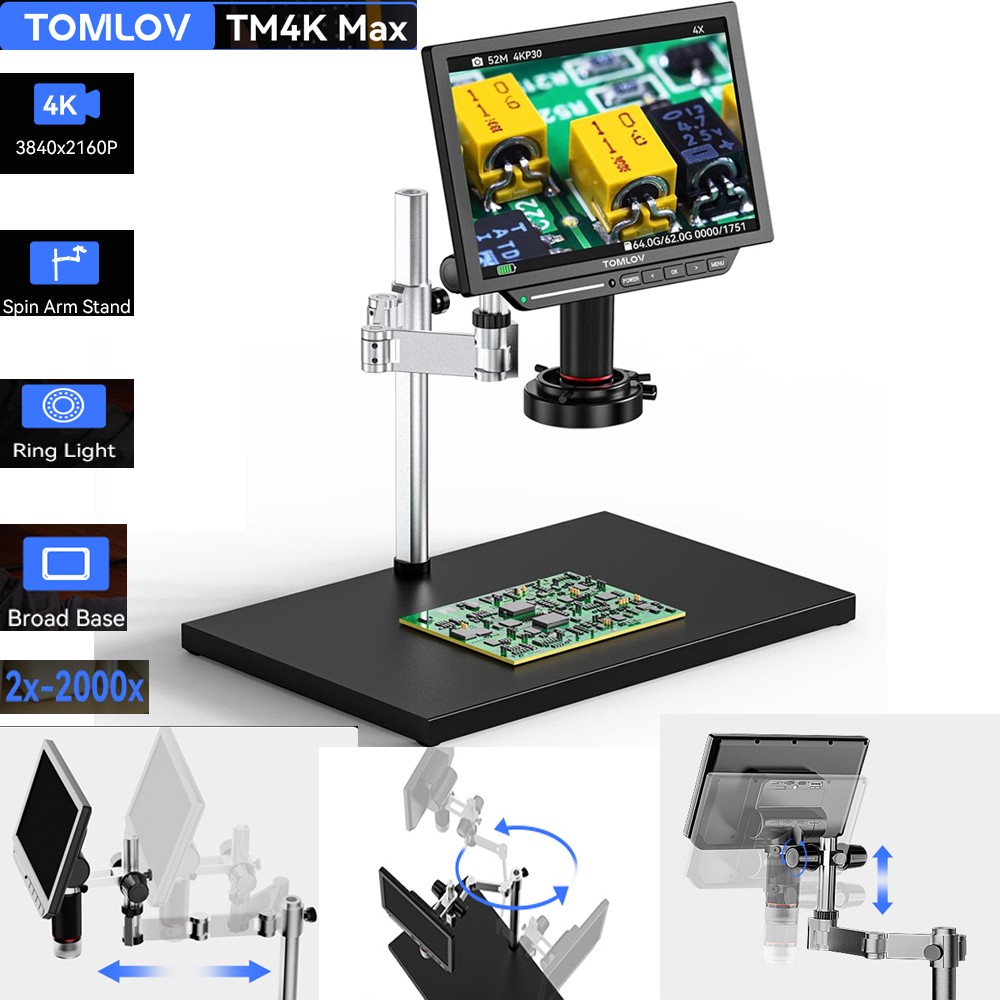 TOMLOV 4K Digital Microscope Spin Arm Soldering Microscope 52MP Coin MicroScope