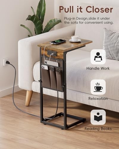 C Shaped End Table with Charging Station, Adjustable Rustic Brown With Plug