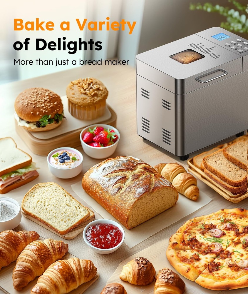 2LB Bread Maker Machine, 17 in 1 Automatic Stainless Steel Bread Machine, Non...