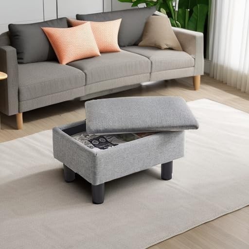 Storage Ottoman Footrest Stool with Linen Fabric, Rectangular, Flip Top Lid, ...