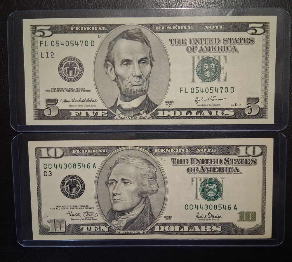 US TEN and FIVE DOLLARS 2001-2003 VF/AU