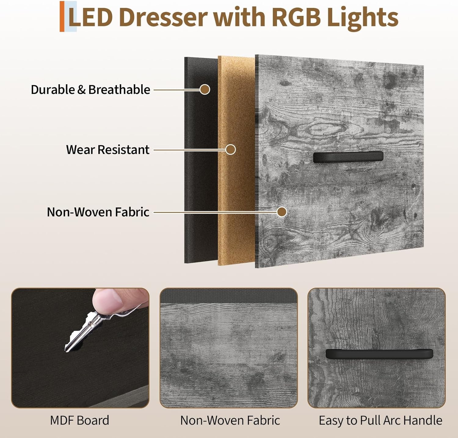 Bedroom Storage Center, Dresser/Wardrobe Combo with Hanging Rack, LED Lights